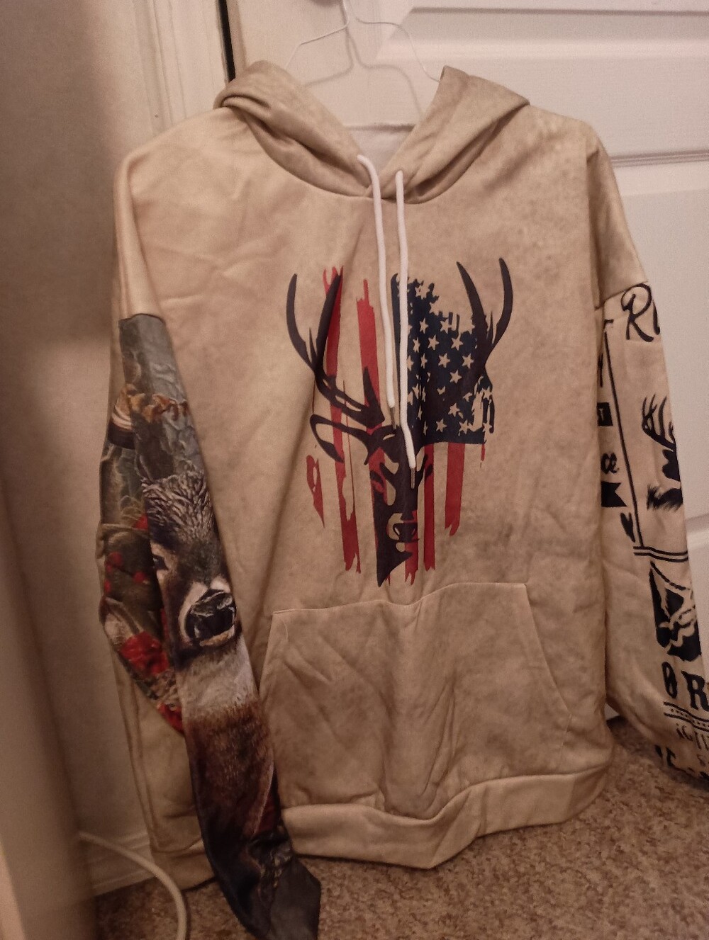 New Beige American Flag Deer Graphic Hoodie - Men
